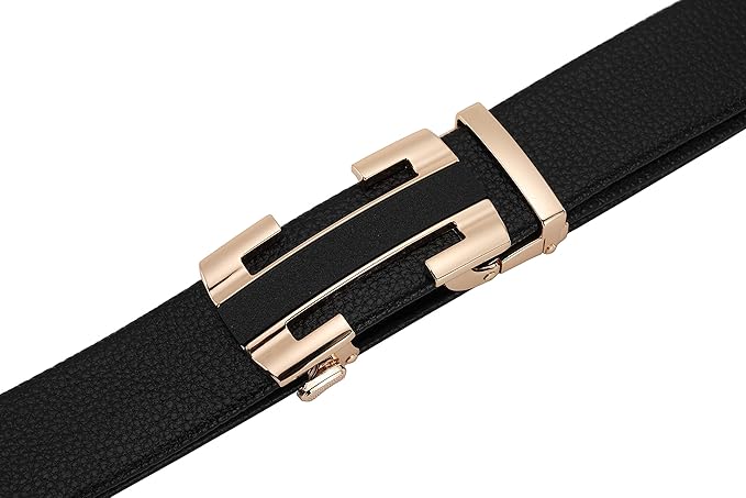 Dluxe Ave. Mens Classic Fashion Automatic Buckle Design Leather Belt Business Belt (H-Gold 120cm/47.3inch(Fit 26-44)(Can be cut))