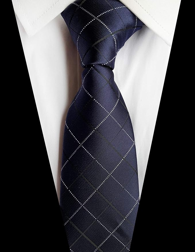 Dluxe Ave. Mens Urban Plaid Checks Patterned Silk Neckties/ Navy Blue