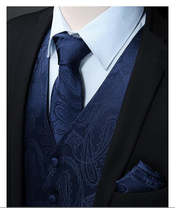 Dluxe Ave. (SMALL) Mens Paisley Suit Vest and Tie Set 5PCS/ Waistcoat Silk/ Navy Blue