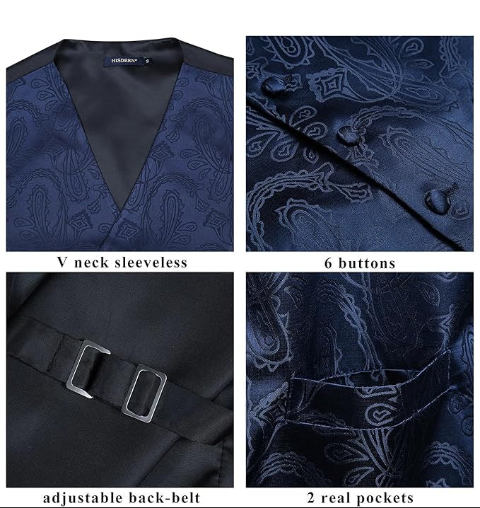Dluxe Ave. (SMALL) Mens Paisley Suit Vest and Tie Set 5PCS/ Waistcoat Silk/ Navy Blue
