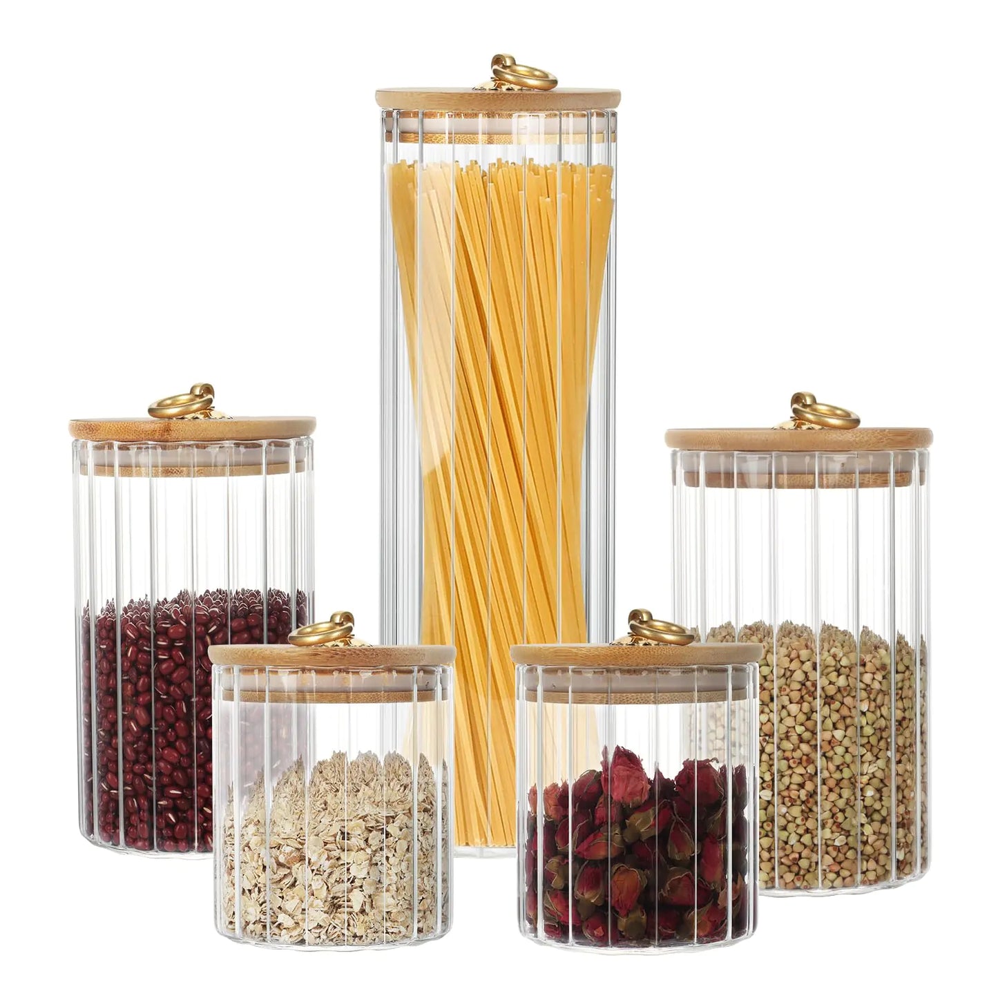 Dluxe Ave.  (Out of Stock) Borosilicate Glass Storage Jars Set of 5 Clear Food Storage Containers with Bamboo Lid Metal Ring