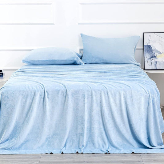 Dluxe Ave ( TWIN ) 3 Pcs Fleece Bed Sheet Set, Velvet Plush Sheets, Blue