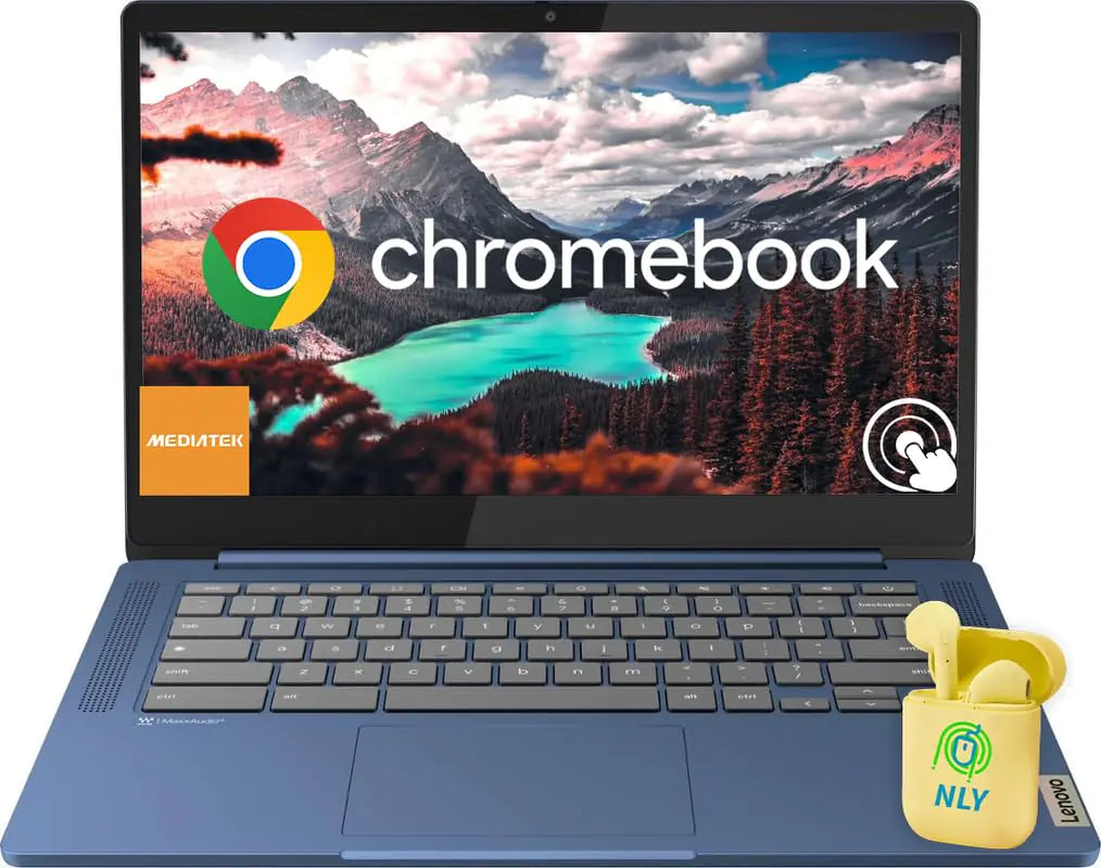 Dluxe Ave. Lenovo 14” FHD Touchscreen IdeaPad Slim 3 Chromebook Laptop Computer for Business and Student MediaTek Kompanio 520 Chrome OS 4GB RAM 320GB Storage (64GB eMMC+256GB microSD) NLY Earphones Blue