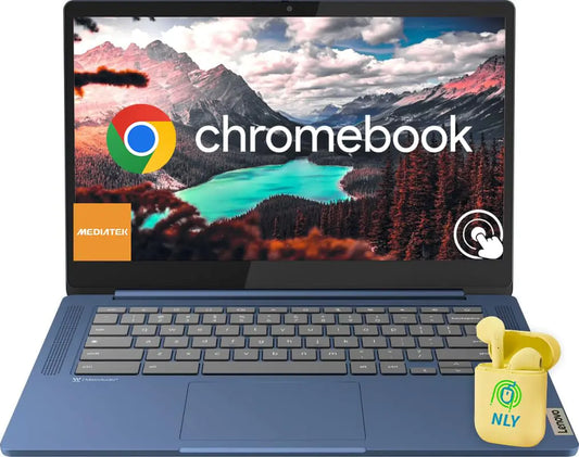 Dluxe Ave. Lenovo 14” FHD Touchscreen IdeaPad Slim 3 Chromebook Laptop Computer for Business and Student MediaTek Kompanio 520 Chrome OS 4GB RAM 320GB Storage (64GB eMMC+256GB microSD) NLY Earphones Blue