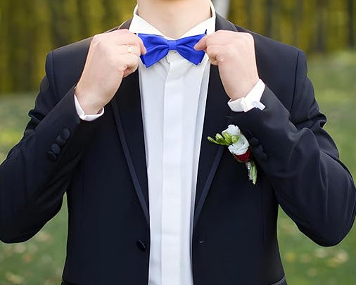 Dluxe Ave.  Royal Blue Bow Ties for Men Solid Color Pre-Tied Blue Bow Tie and Royal Blue Pocket Square Cufflinks Set
