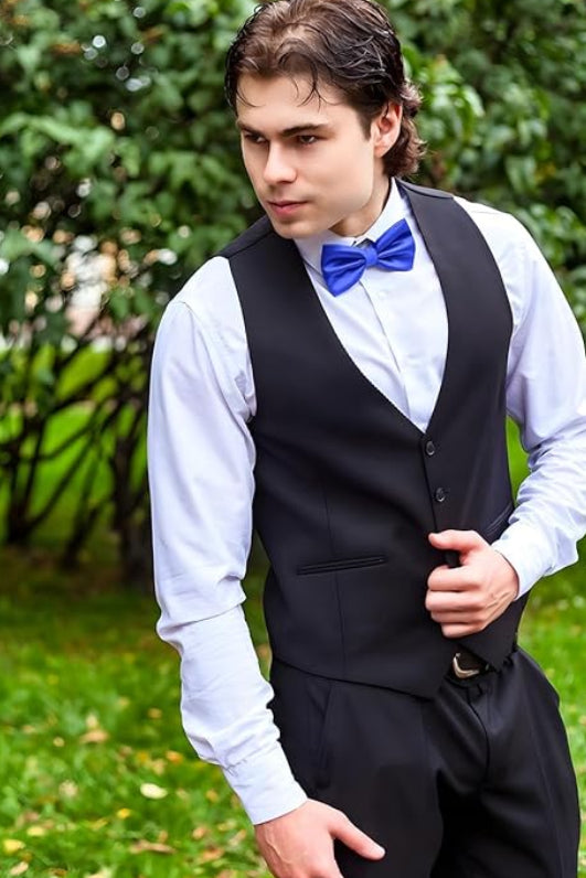 Dluxe Ave.  Royal Blue Bow Ties for Men Solid Color Pre-Tied Blue Bow Tie and Royal Blue Pocket Square Cufflinks Set