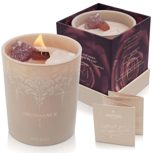 Dluxe Ave. Luxury Crystal Candle, Velvet Rose & Patchouli Scented, Aromatherapy Candle with Strawberry and Clear Quartz Crystals -7.4oz, Natural Coconut Soy Wax Wood Wick Candles