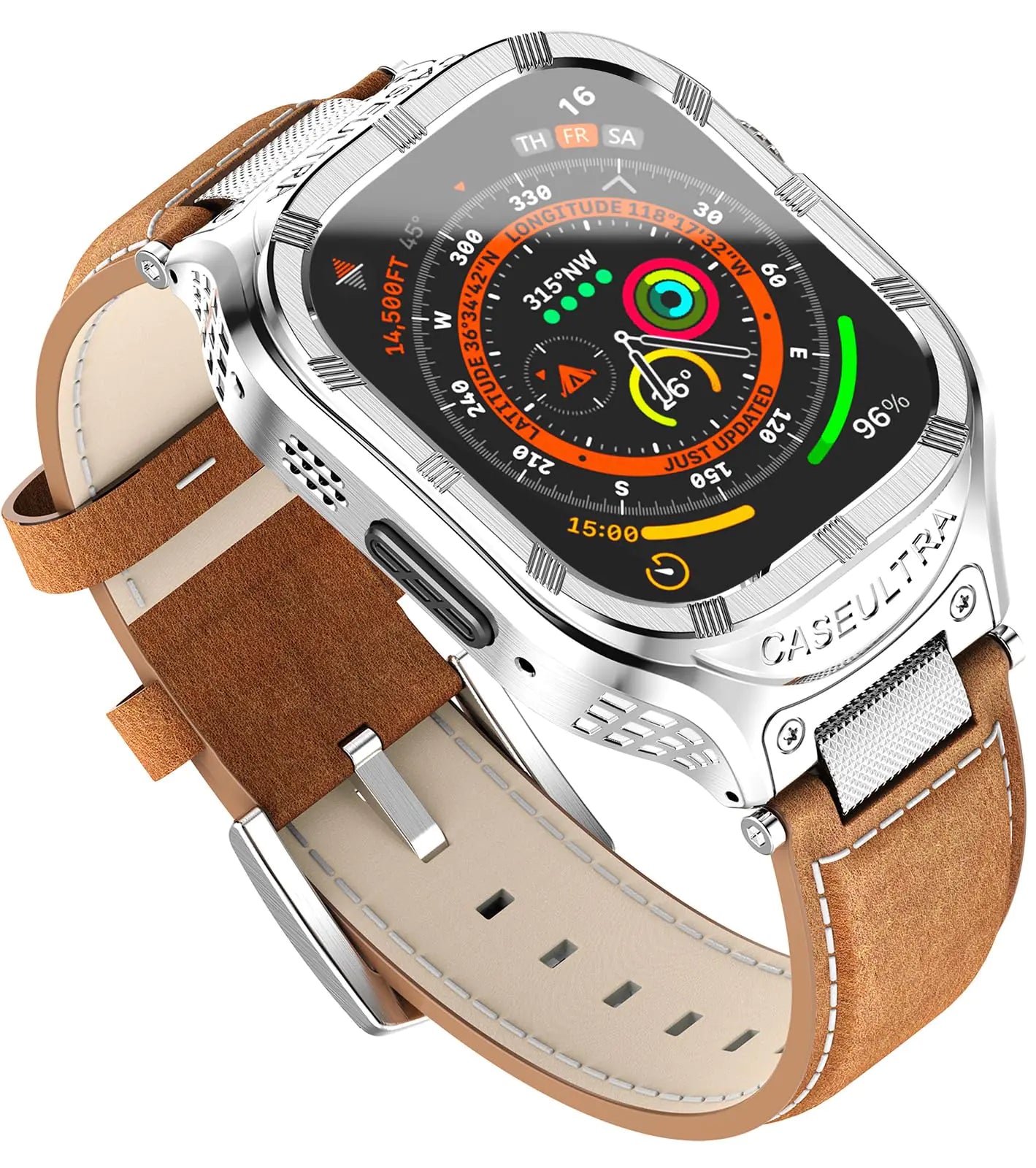 Dluxe Ave. Caseultra Stainless Steel Case with Band Compatible with Apple Watch Bands 45mm for MenVintage Genuine Leather Strap with Metal Bumper Cover for iWatch Band Series 9 8 7Brown