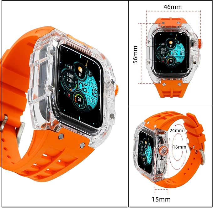 Dluxe Ave. Neuupesen Luxury Transparent Case with Fluororubber Band for Apple Watch 45mm Crystal Clear Full Protection for iWatch Series 9/8/7(45mm TRN+White)