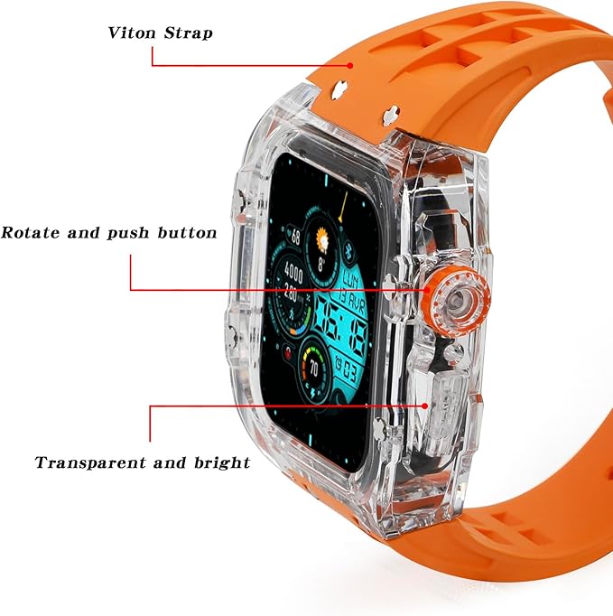 Dluxe Ave. Neuupesen Luxury Transparent Case with Fluororubber Band for Apple Watch 45mm Crystal Clear Full Protection for iWatch Series 9/8/7(45mm TRN+White)