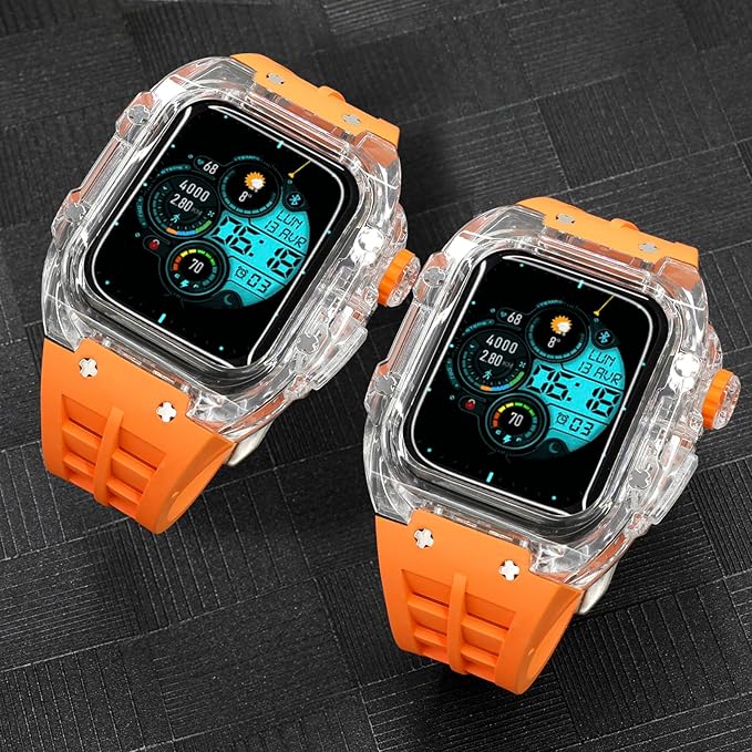 Dluxe Ave. Neuupesen Luxury Transparent Case with Fluororubber Band for Apple Watch 45mm Crystal Clear Full Protection for iWatch Series 9/8/7(45mm TRN+White)