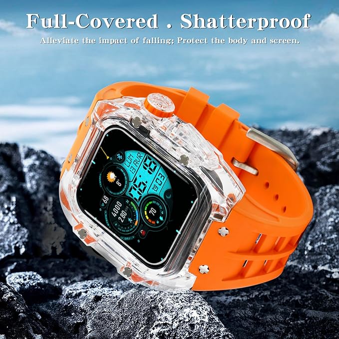 Dluxe Ave. Neuupesen Luxury Transparent Case with Fluororubber Band for Apple Watch 45mm Crystal Clear Full Protection for iWatch Series 9/8/7(45mm TRN+White)
