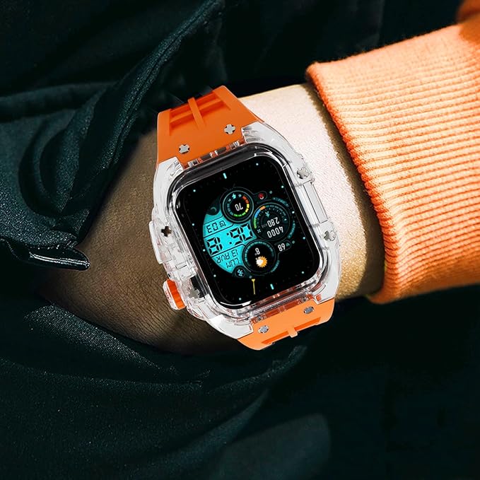 Dluxe Ave. Neuupesen Luxury Transparent Case with Fluororubber Band for Apple Watch 45mm Crystal Clear Full Protection for iWatch Series 9/8/7(45mm TRN+White)