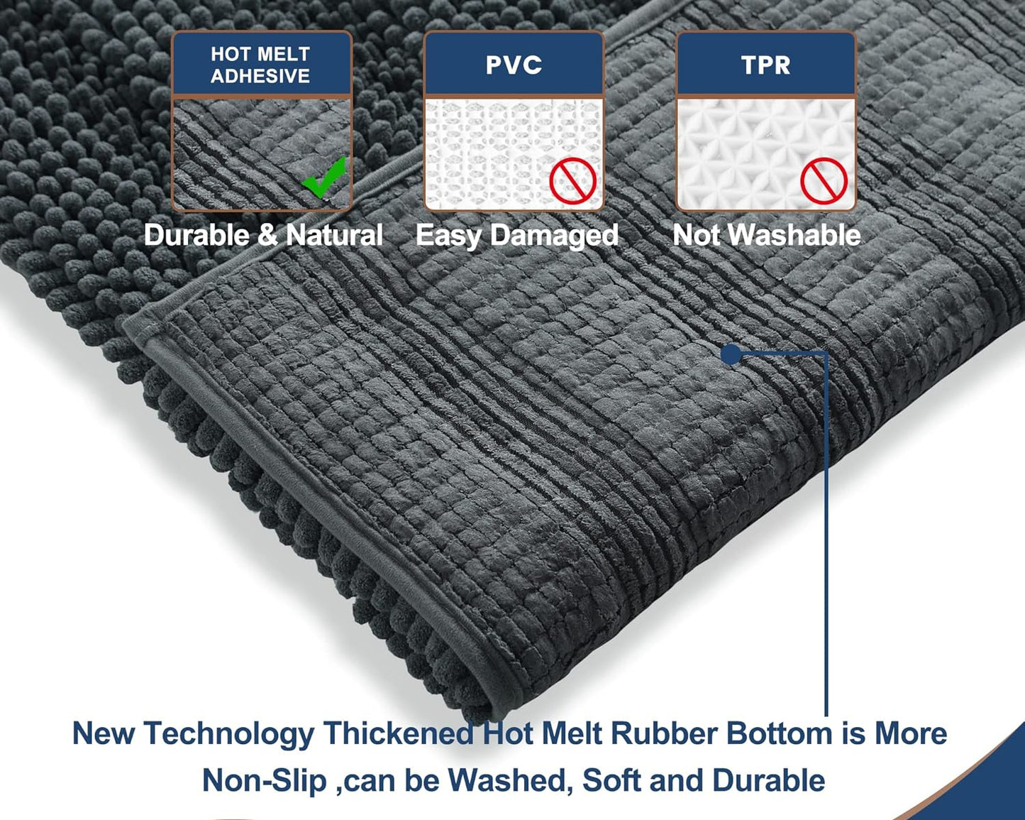 Dluxe Ave. Non Slip Thick Shaggy Chenille Bathroom Rug Sets 2 (Charcoal Grey 47"x17" Plus 17"x24")