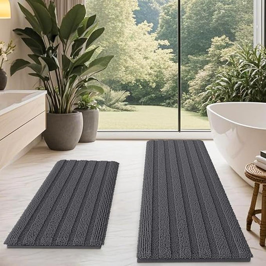 Dluxe Ave. Non Slip Thick Shaggy Chenille Bathroom Rug Sets 2 (Charcoal Grey 47"x17" Plus 17"x24")