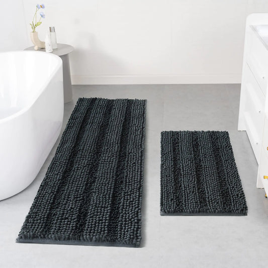 Dluxe Ave. Non Slip Thick Shaggy Chenille Bathroom Rug Sets 2 (Charcoal Grey 47"x17" Plus 17"x24")