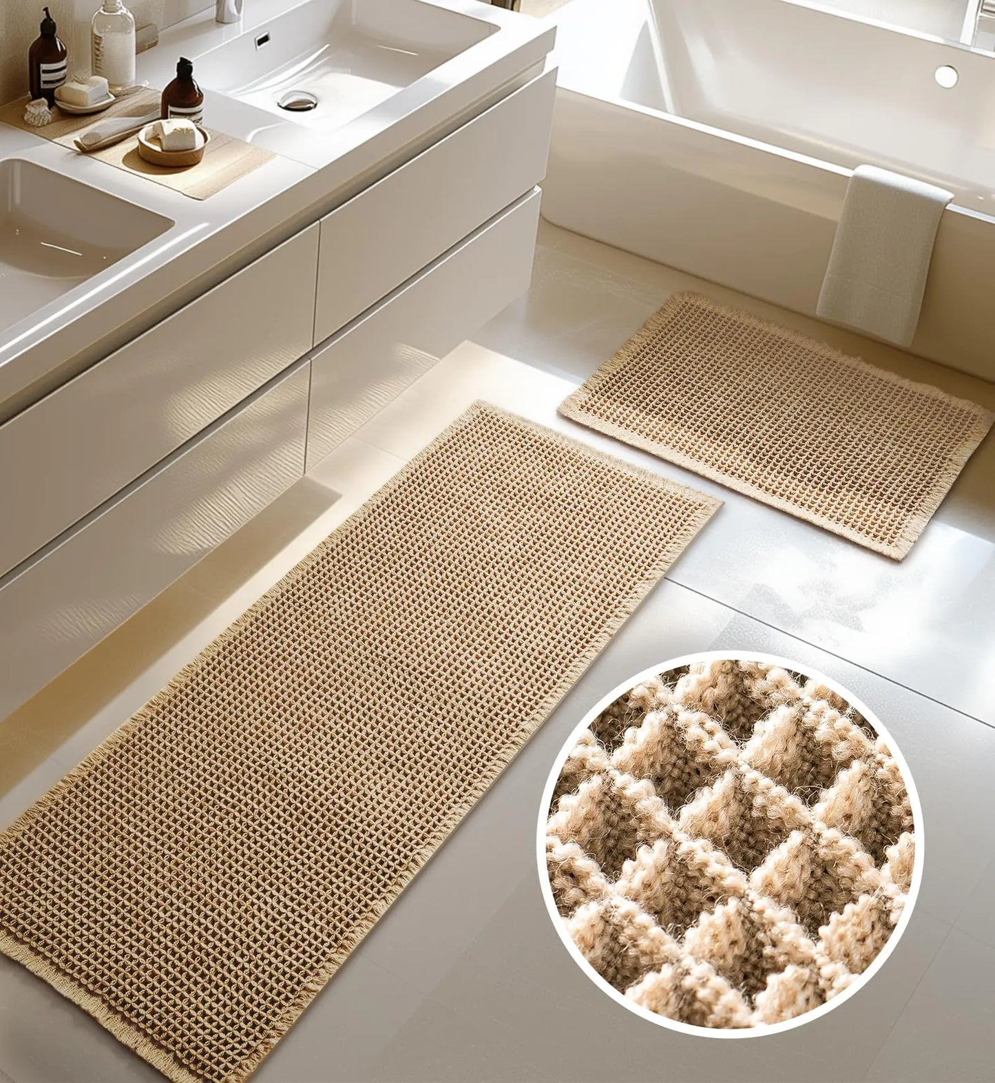 Dluxe Ave. Large Waffle Bath Mat Set Non Slip Bathroom Mat Set, Ultra Absorbent, Extra Soft, 2 Piece(20"×47" and 16"×24")