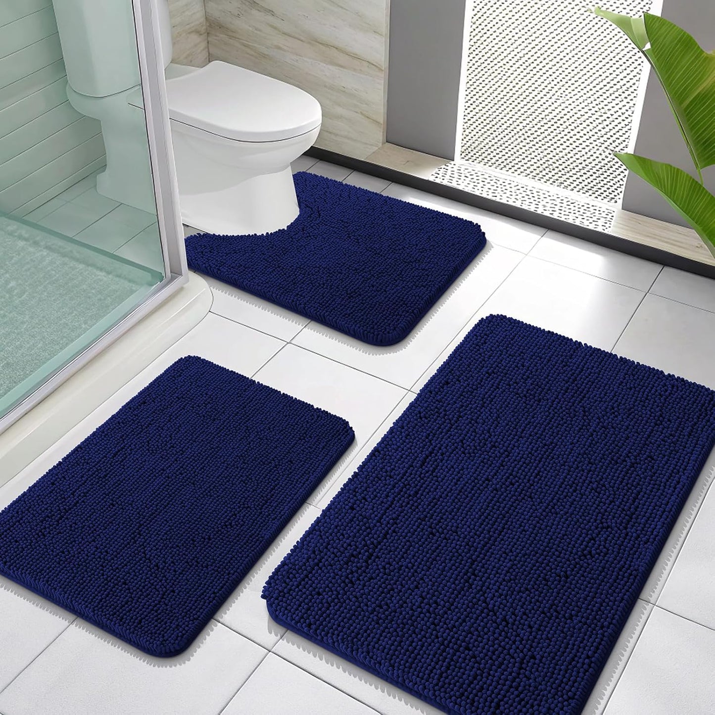 Dluxe Ave. OLANLY Bathroom Rugs Sets 3 Piece Soft Absorbent Chenille Bath Rugs and U-Shaped Contour Toilet Rug Area Rug Set Non-Slip Set for Bathroom Navy