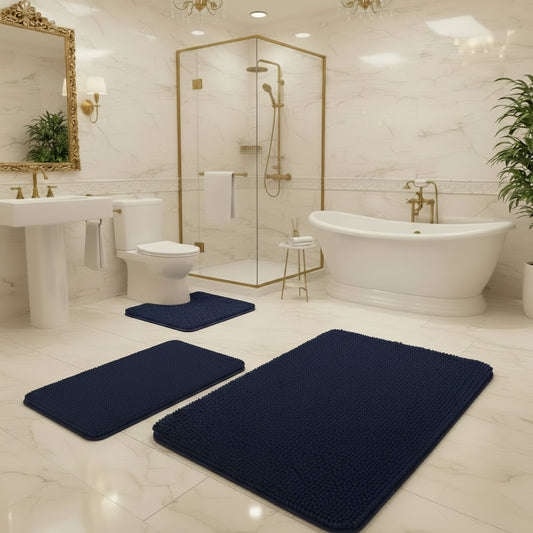 Dluxe Ave. 3 Piece Soft Absorbent Chenille Bath Rugs/ Navy