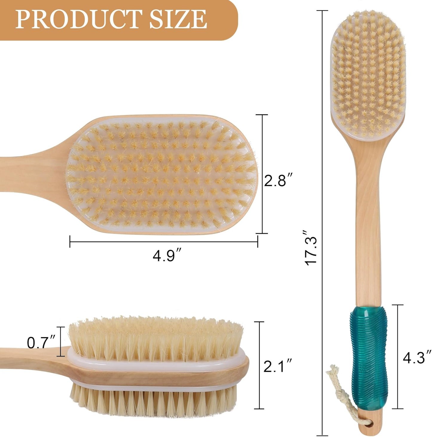 Dluxe Ave. Back Scrubber for Shower with Soft and Stiff Boar Bristles, Dual-Sided Wooden, Long Handle