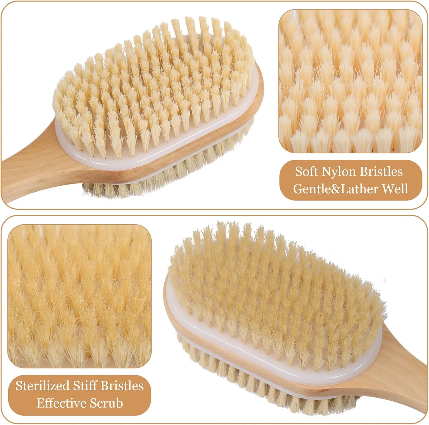 Dluxe Ave. Back Scrubber for Shower with Soft and Stiff Boar Bristles, Dual-Sided Wooden, Long Handle