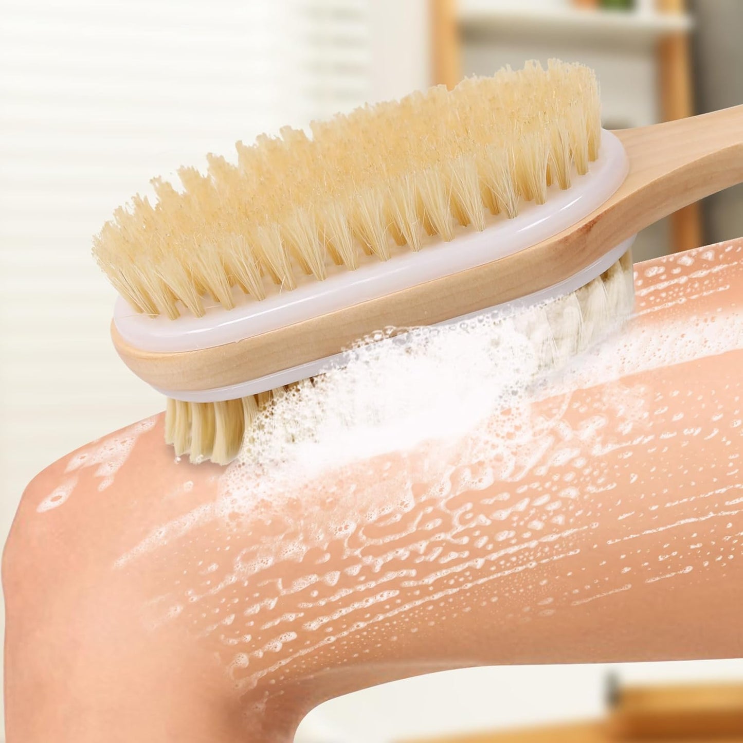 Dluxe Ave. Back Scrubber for Shower with Soft and Stiff Boar Bristles, Dual-Sided Wooden, Long Handle