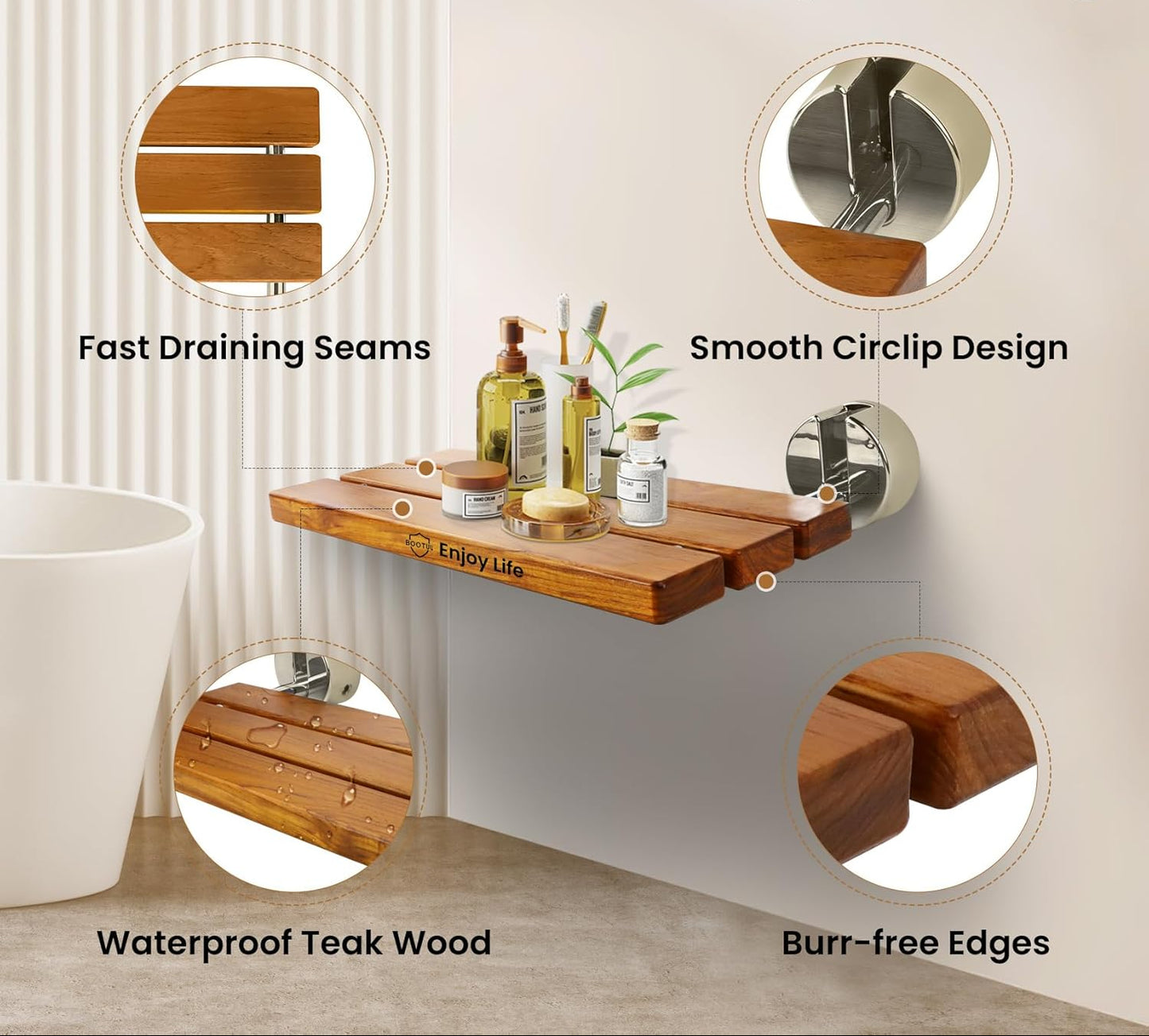 Dluxe Ave. OasisCraft 20“ Teak Folding Shower Seat Wall Mounted Fold Down Shower Bench  Adults 400 lbs Weight Capacity