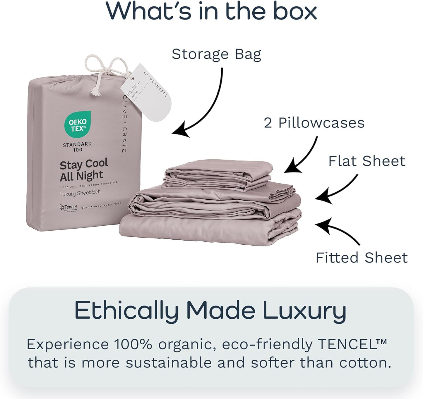 Dluxe Ave. ( KING) 4 Pcs Olive + Crate Luxury Series 100% Tencel Eucalyptus Sheets Set, Super Soft, Deep Pocket to 18, Dusk