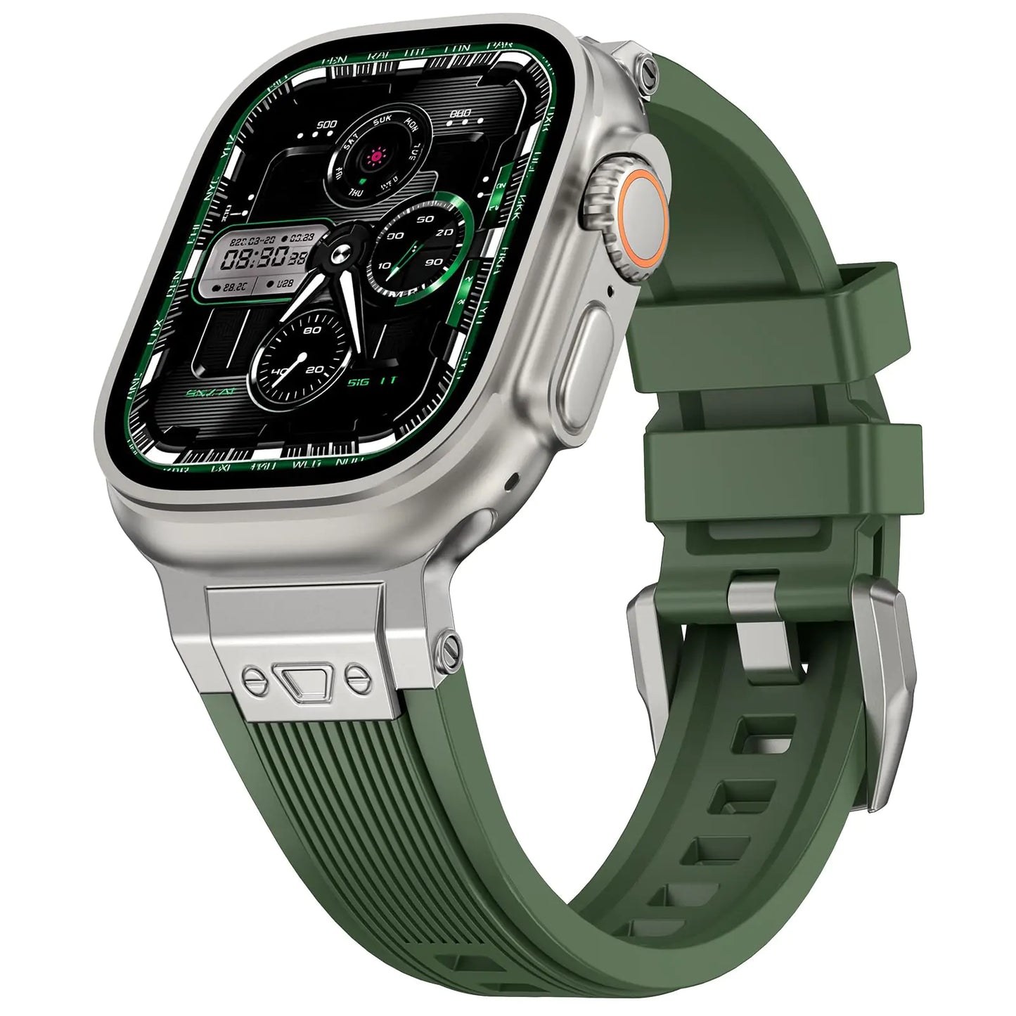 Dluxe Ave. V-MORO Compatible with Apple Watch Ultra Band Apple Watch Ultra 2 49mm Silicone Rubber Bands for iWatch Series 9/8/SE2/7/6/SE/5/4/3/2/1 45mm 44mm 42mm Stainless Steel Metal Connector Band(Army Green)
