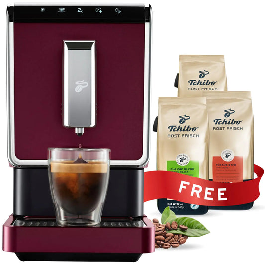 Dluxe Ave. Tchibo Automatic Espresso & Coffee Machine Bundle with Built-in Grinder Comes With 3 x 12 oz. Bags of Whole Bean Coffee Red