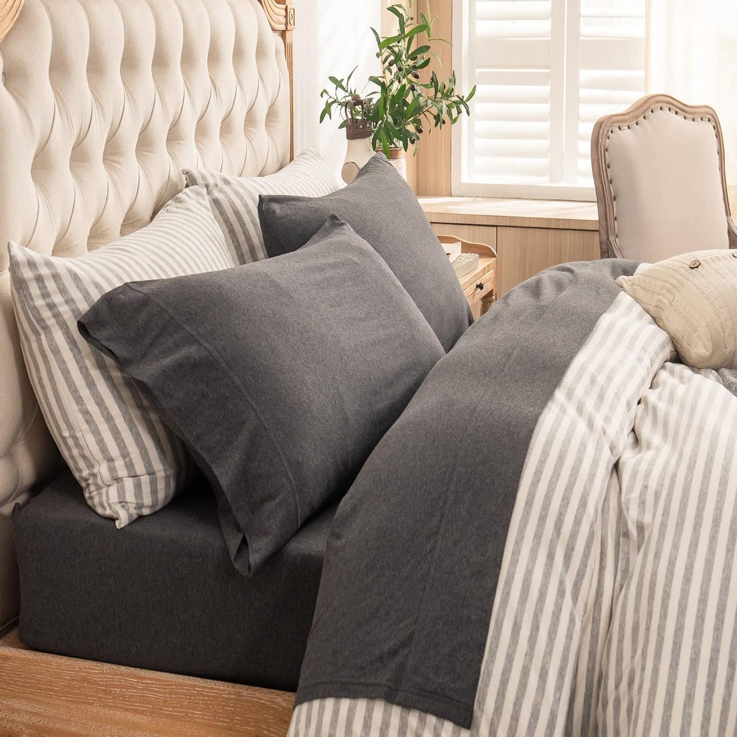 Dluxe Ave. ( KING ) Knit 4pc Bed Sheet Set 100% T-Shirt Cotton Super Soft Comfy, Deep Grey