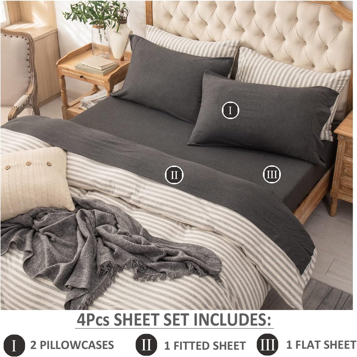 Dluxe Ave. ( KING ) Knit 4pc Bed Sheet Set 100% T-Shirt Cotton Super Soft Comfy, Deep Grey