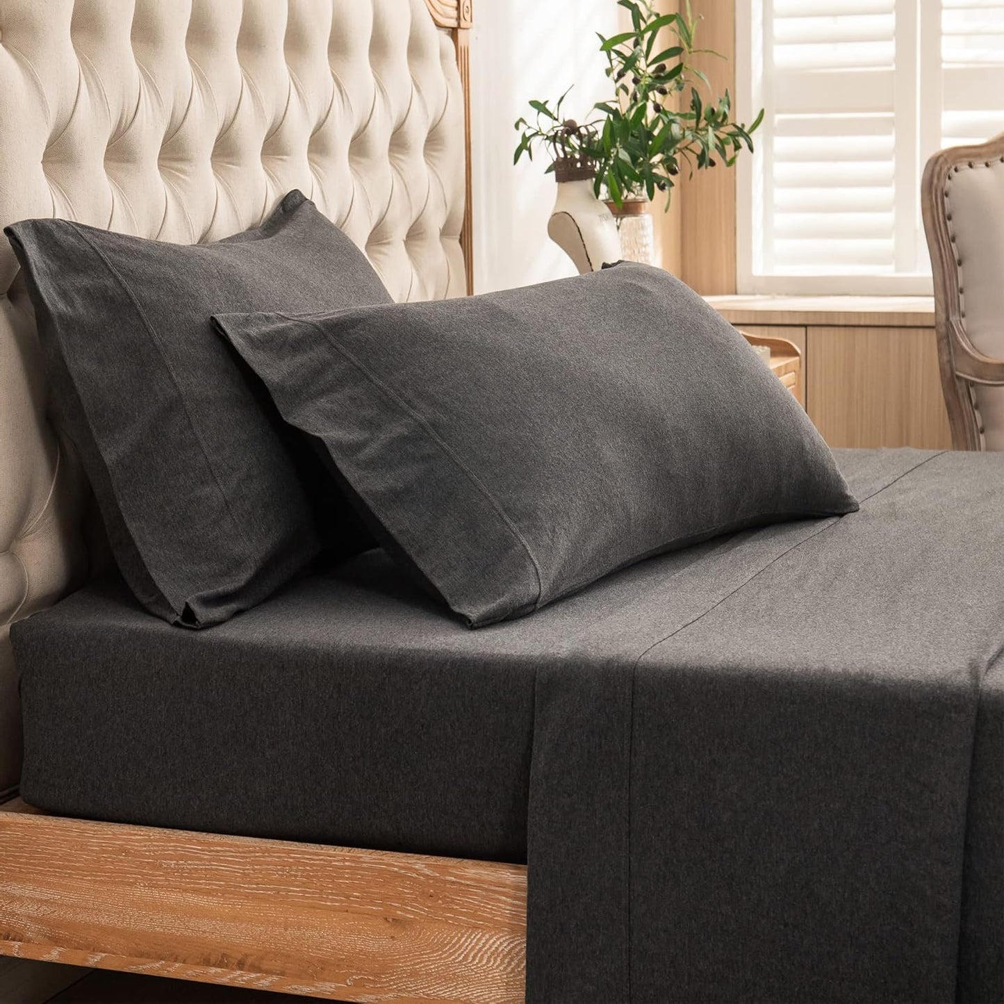 Dluxe Ave. ( KING ) Knit 4pc Bed Sheet Set 100% T-Shirt Cotton Super Soft Comfy, Deep Grey
