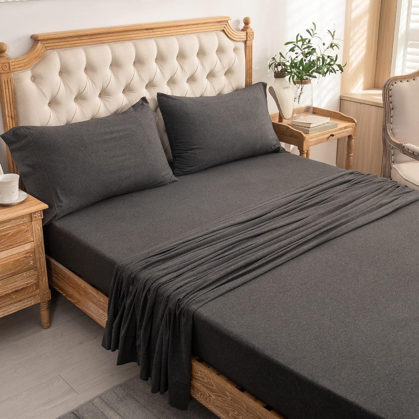 Dluxe Ave. ( KING ) Knit 4pc Bed Sheet Set 100% T-Shirt Cotton Super Soft Comfy, Deep Grey