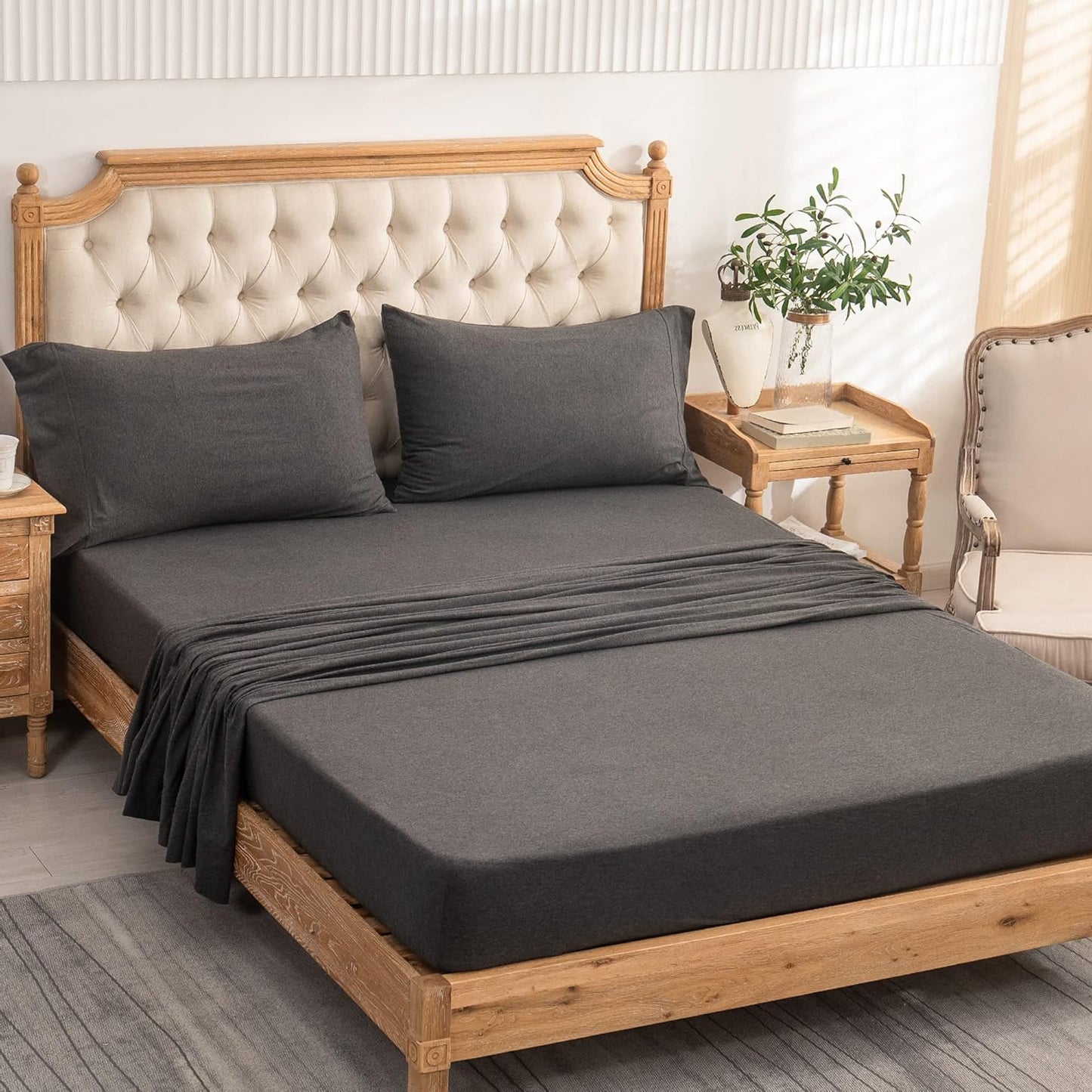 Dluxe Ave. ( KING ) Knit 4pc Bed Sheet Set 100% T-Shirt Cotton Super Soft Comfy, Deep Grey