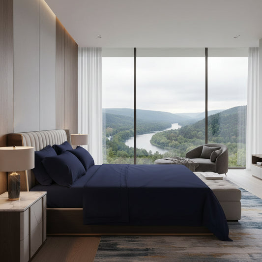 Dluxe Ave. (KING) 4 Pcs Bed Sheets Set, 415 Thread Count, 100% Peruvian Pima Cotton/ Navy Blue