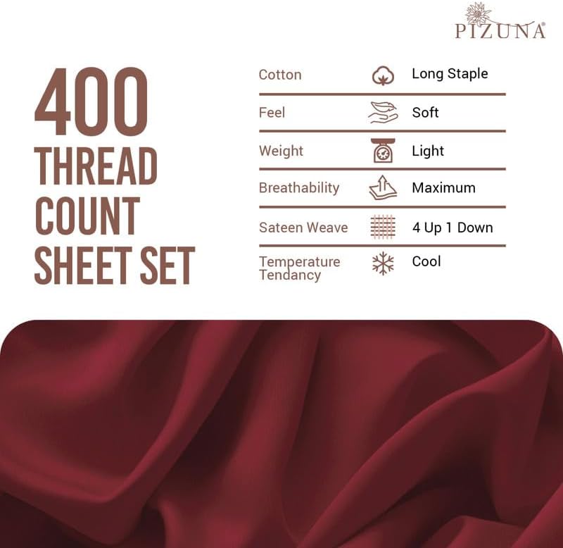 Dluxe Ave. ( KING ) 4 Pcs 100% Cotton Sheets, Luxurious 400 Thread Count, 15" Deep Pocket, Rio Red