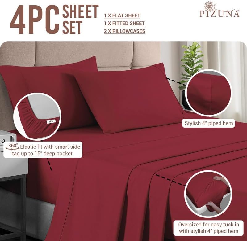 Dluxe Ave. ( KING ) 4 Pcs 100% Cotton Sheets, Luxurious 400 Thread Count, 15" Deep Pocket, Rio Red
