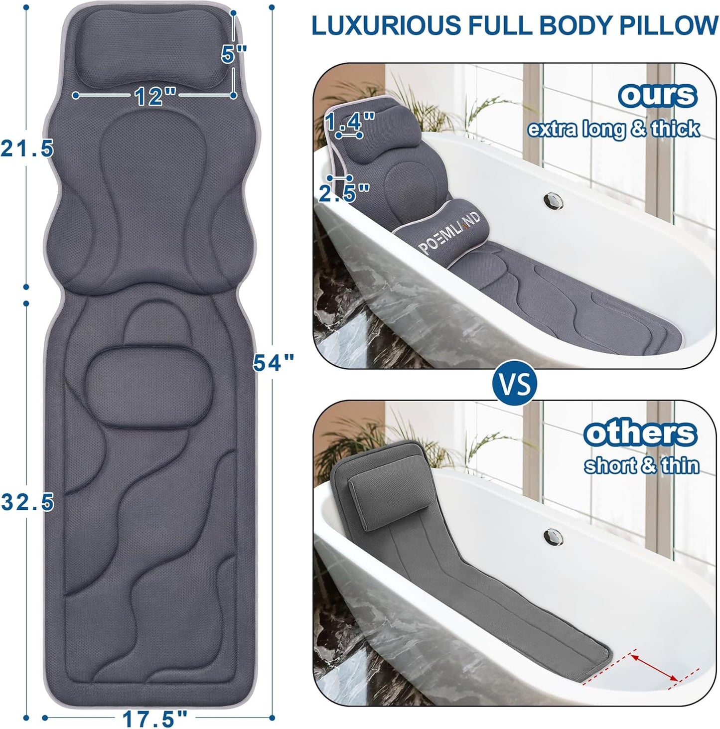 Dluxe Ave.  Luxury Full Body Bath Pillow for Bathtub, Extra Large & Waist Support, (Gray)