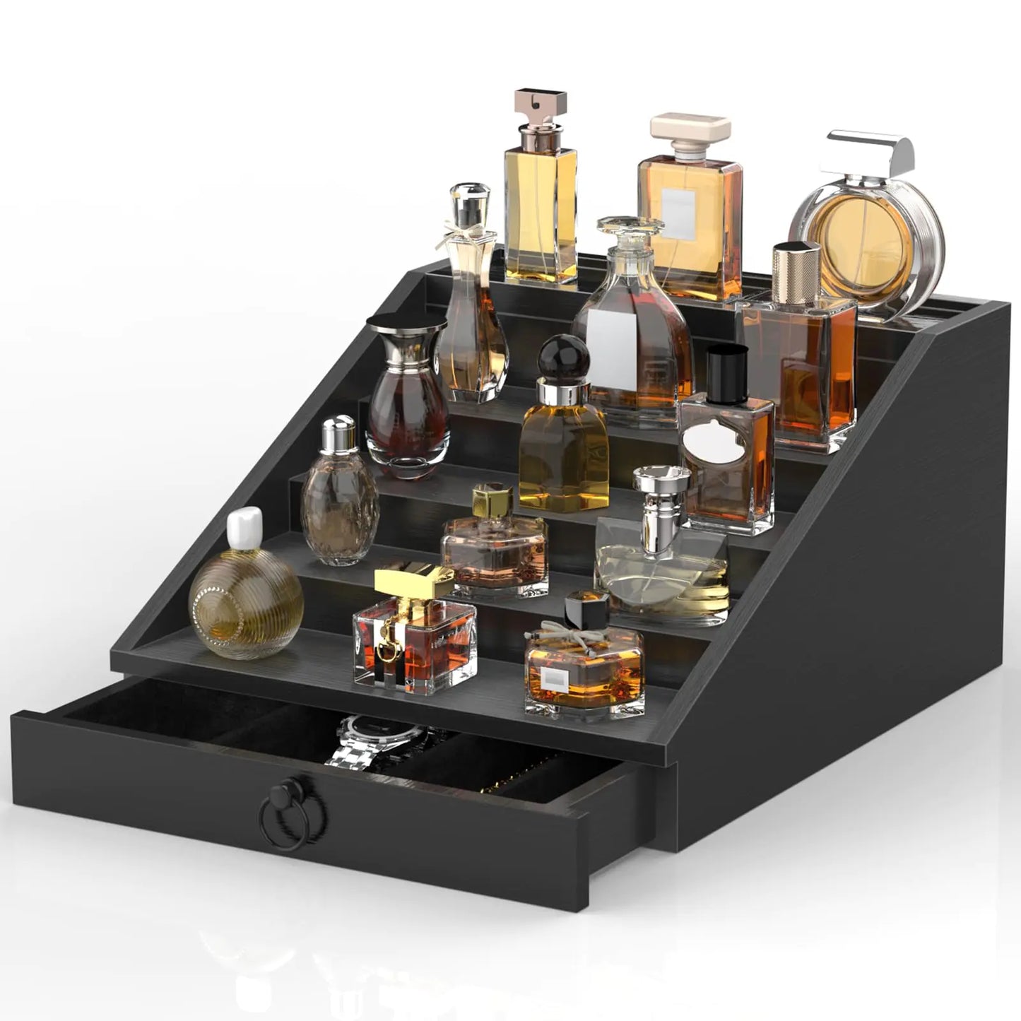Dluxe Ave. Men Enhanced 5 Tier Cologne Stand Organizer with Velvet Lined Drawer & Hidden Storage (Classy Black)