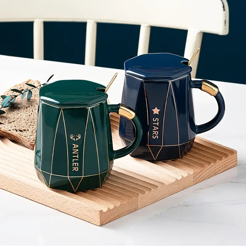 Dluxe Ave. Ceramic Water Cup with Lid and Spoon for Coffee