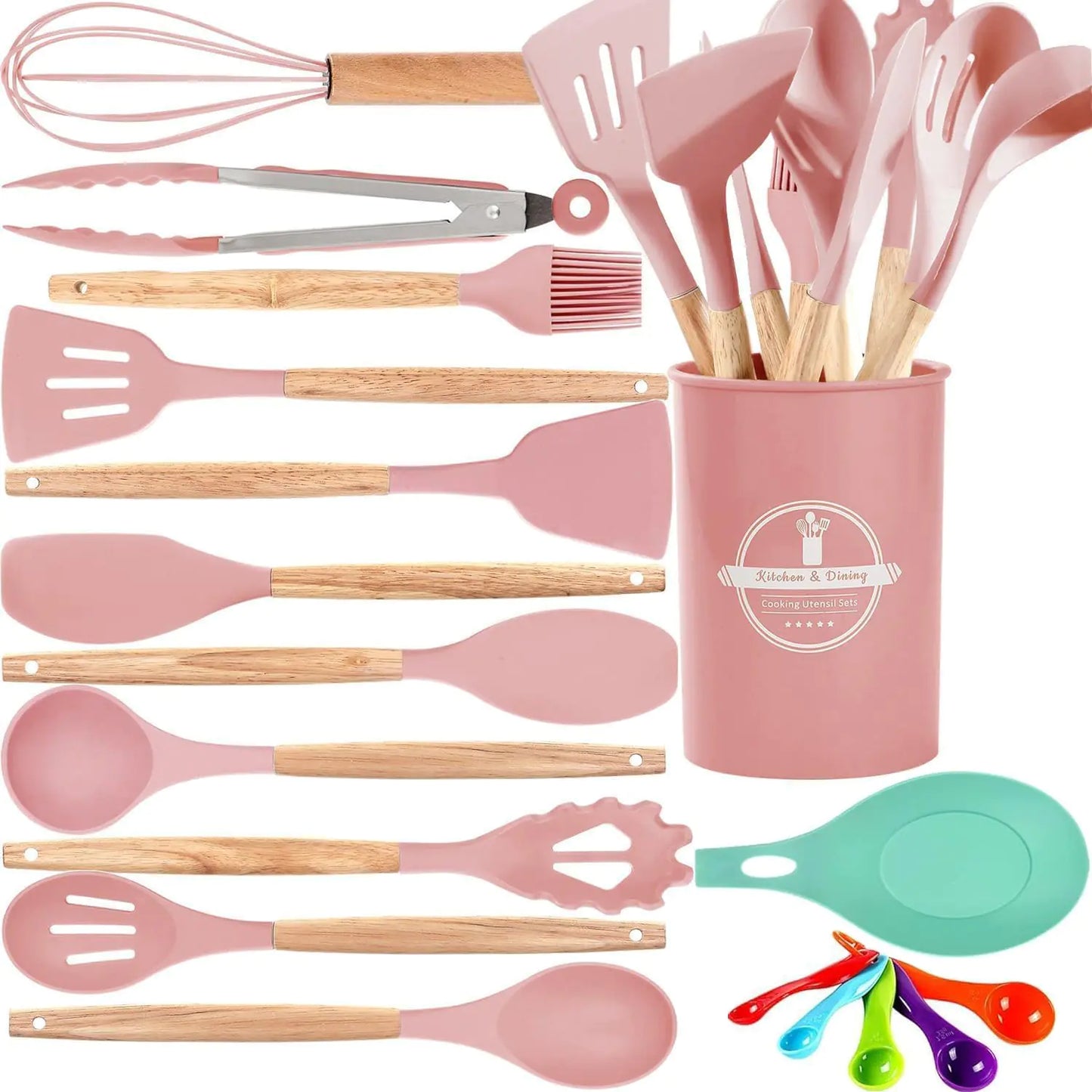 Dluxe Ave. Silicone Spatula Set/ Wooden Handle (Light Pink)