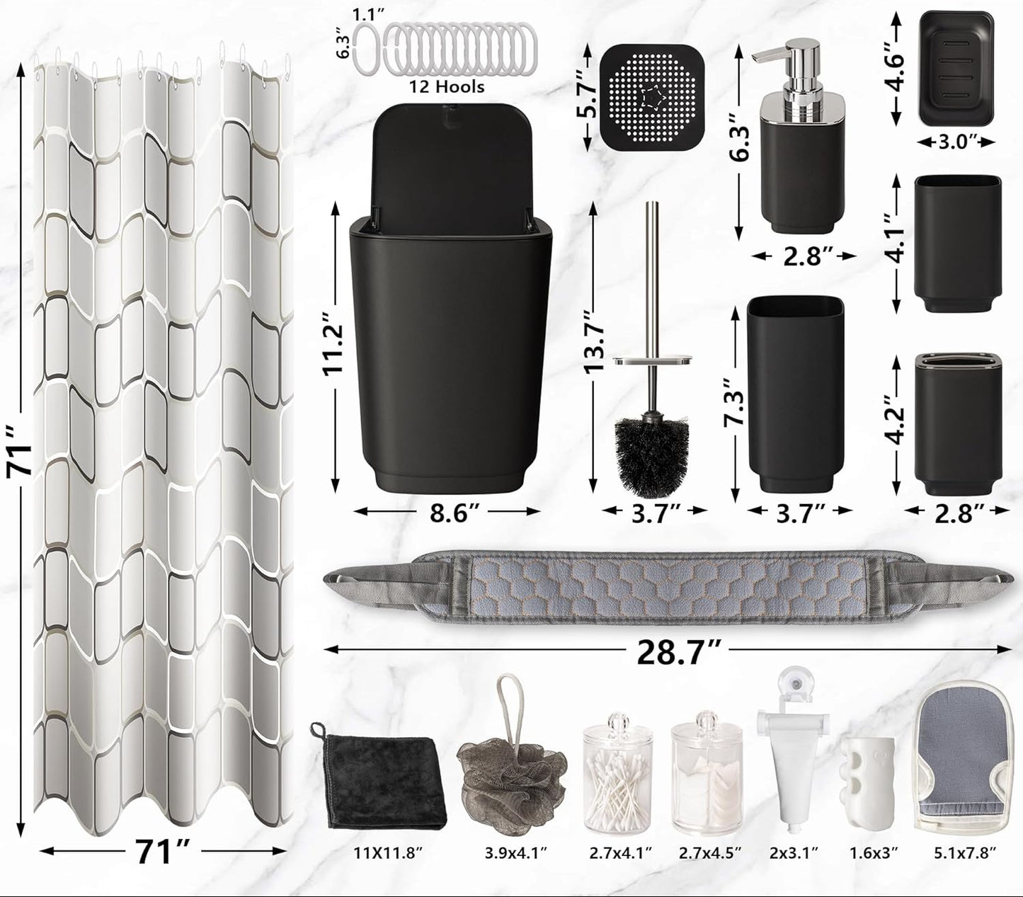 Dluxe Ave. RAYCODED 29pcs Bathroom Accessories Set Bathroom Accessory Set with Trash Can Bathroom Shower Curtain Sets Shower Curtains for Bathroom Sets Black Restroom Decor and Accessories