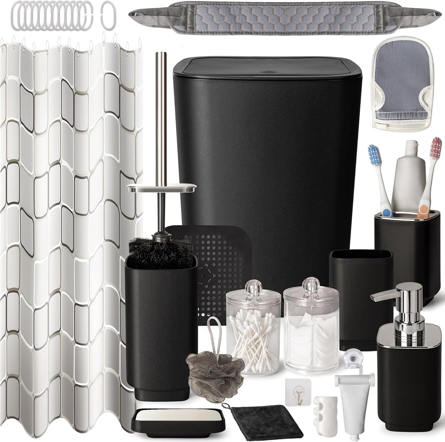 Dluxe Ave. RAYCODED 29pcs Bathroom Accessories Set Bathroom Accessory Set with Trash Can Bathroom Shower Curtain Sets Shower Curtains for Bathroom Sets Black Restroom Decor and Accessories