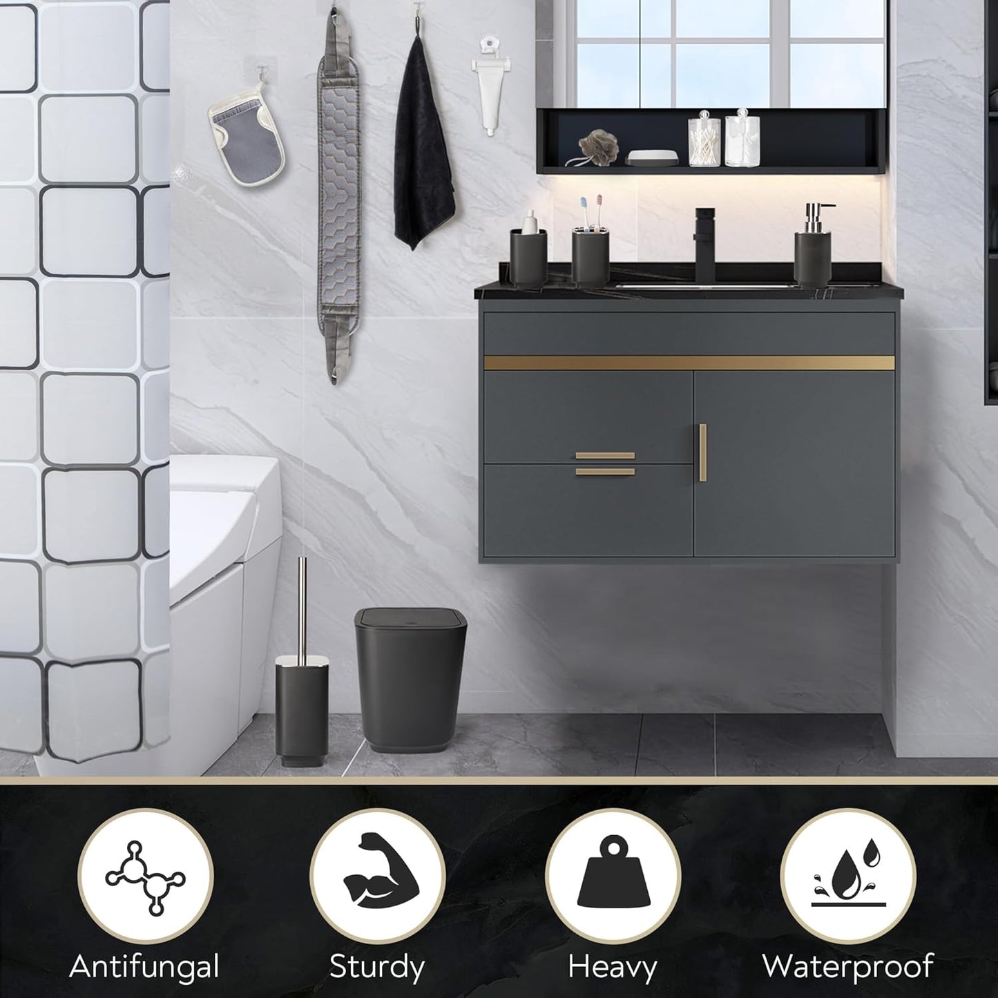 Dluxe Ave. RAYCODED 29pcs Bathroom Accessories Set Bathroom Accessory Set with Trash Can Bathroom Shower Curtain Sets Shower Curtains for Bathroom Sets Black Restroom Decor and Accessories