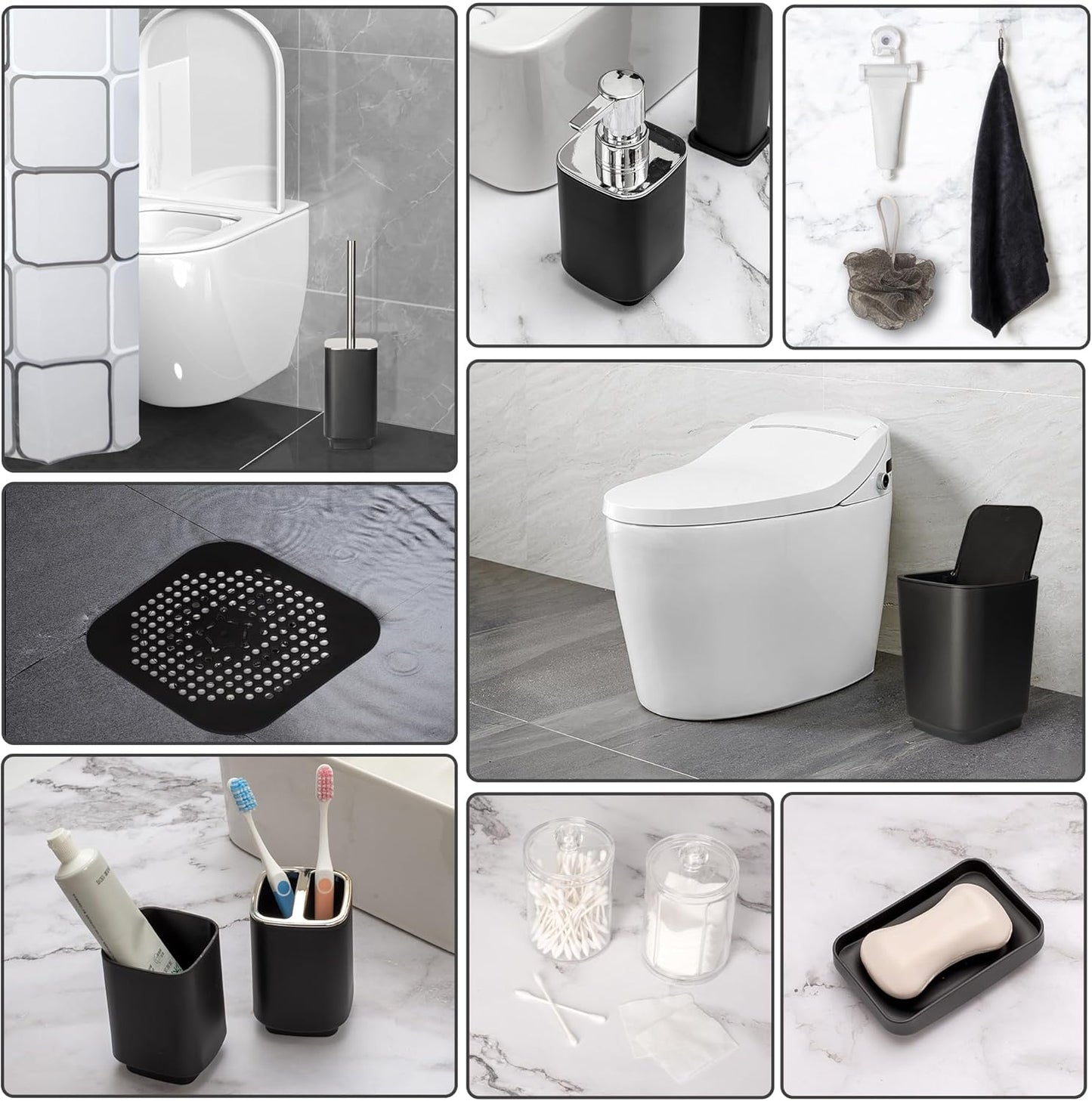 Dluxe Ave. RAYCODED 29pcs Bathroom Accessories Set Bathroom Accessory Set with Trash Can Bathroom Shower Curtain Sets Shower Curtains for Bathroom Sets Black Restroom Decor and Accessories