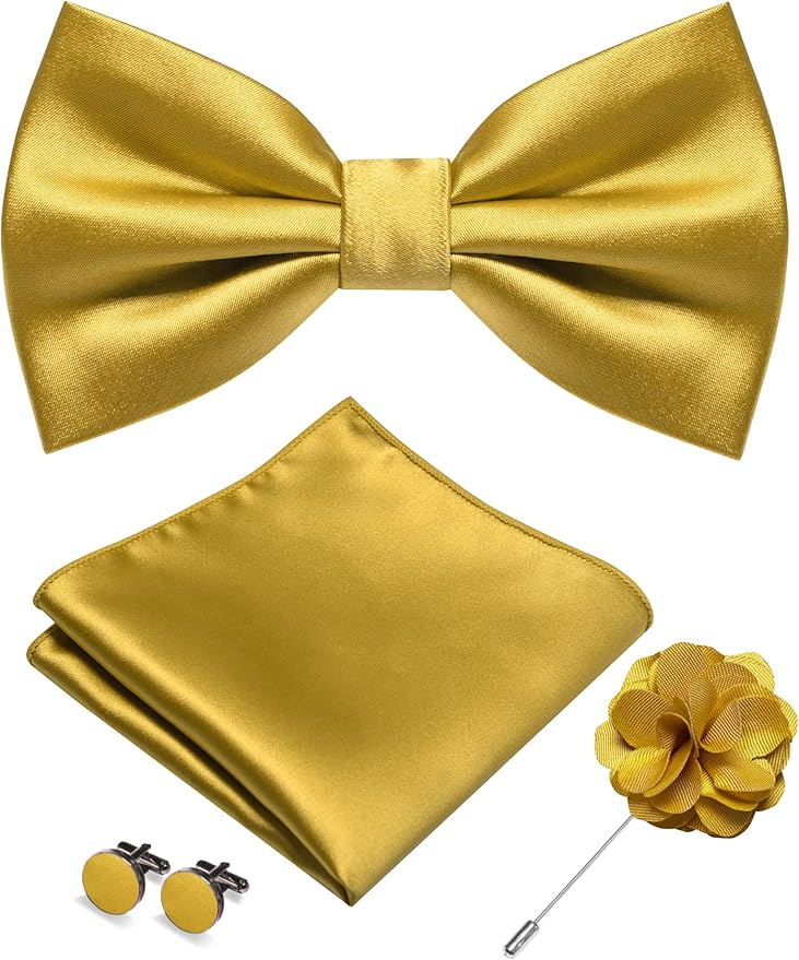 Dluxe Ave. Gold Bow Tie for Men Silk Bowtie and Pocket Square with Lapel Pin Cufflinks Set (3)