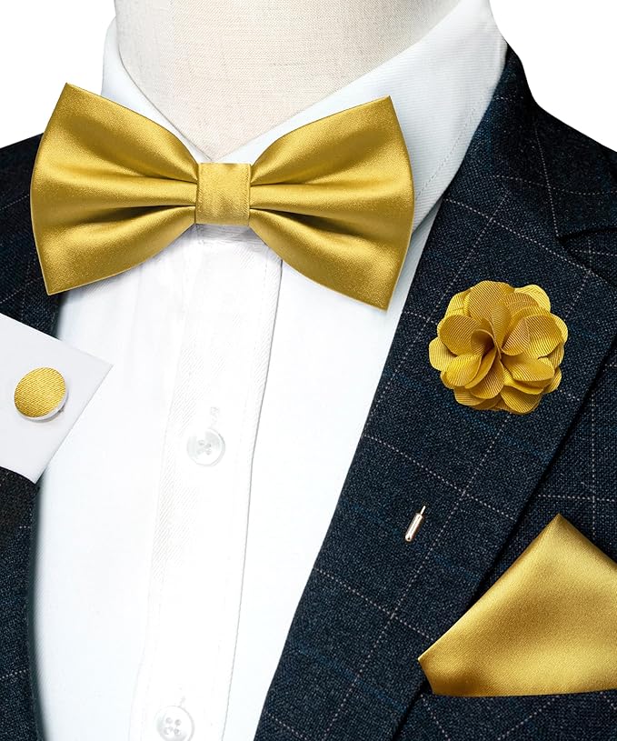 Dluxe Ave. Gold Bow Tie for Men Silk Bowtie and Pocket Square with Lapel Pin Cufflinks Set (3)