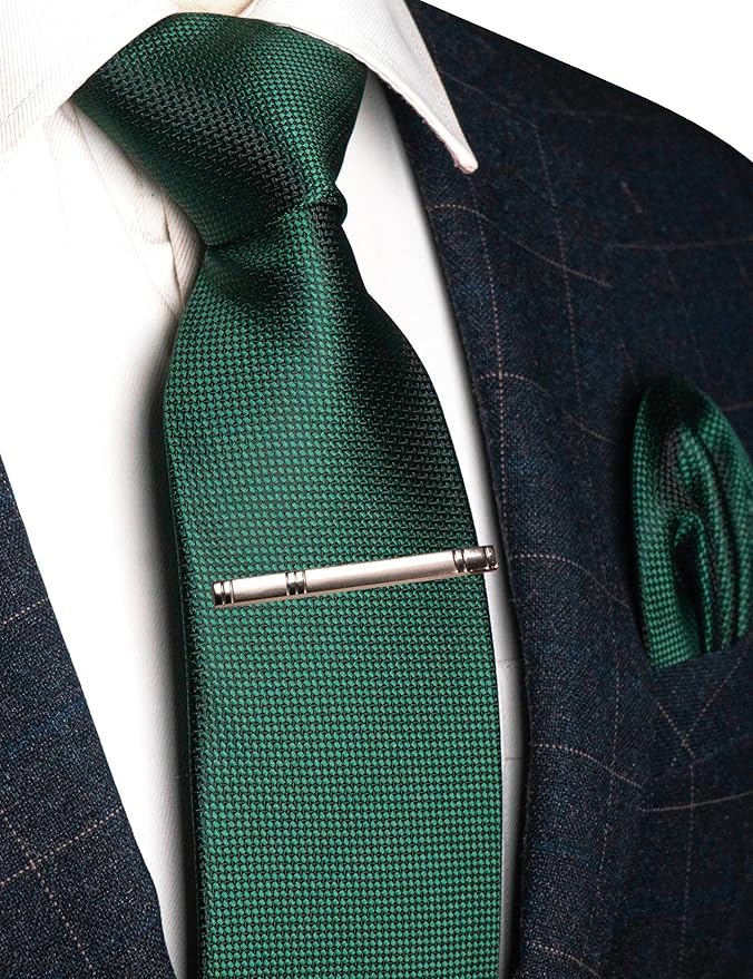 Dluxe Ave. Mens Woven Emerald Green Tie and Pocket Square with Tie Bar Sets