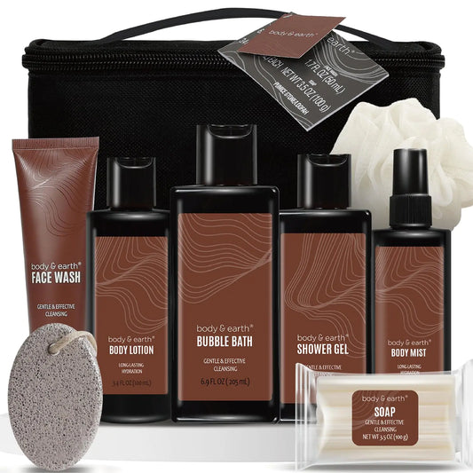 Dluxe Ave. Bath and Body Gift Baskets for Men Body & Earth Sandalwood Mens Bath Set with Body Lotion Face Wash Shower Gel Bubble Bath Loofah & More Gift Set for Menregalos para hombreChristmas Gifts